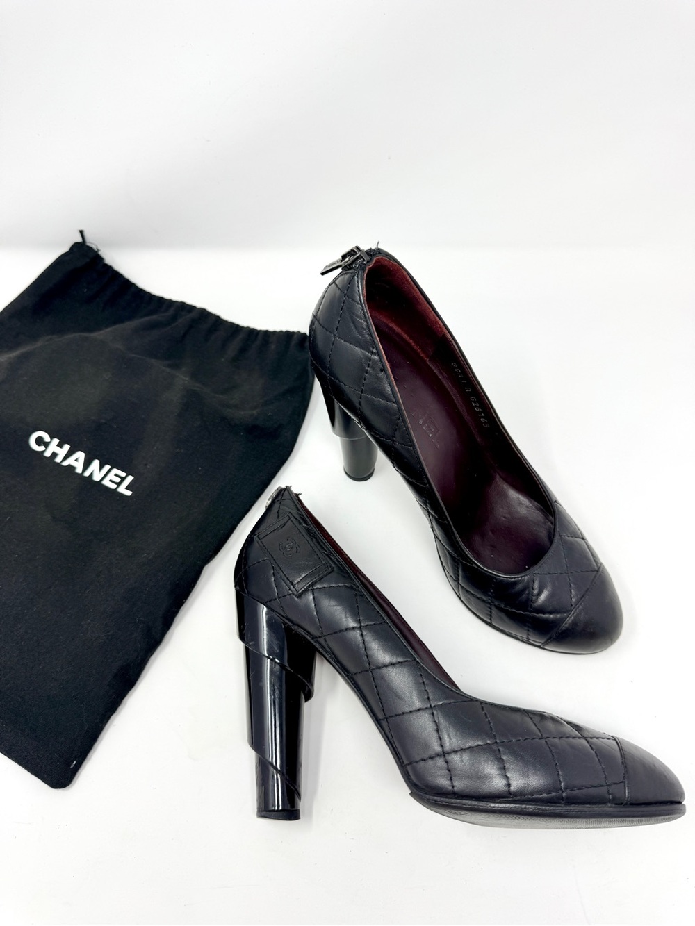 Chanel Black CC Quilted Leather Block Heel Pumps size 37.5